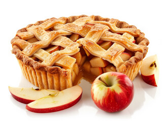 A pie with a slice missing and an apple on the table