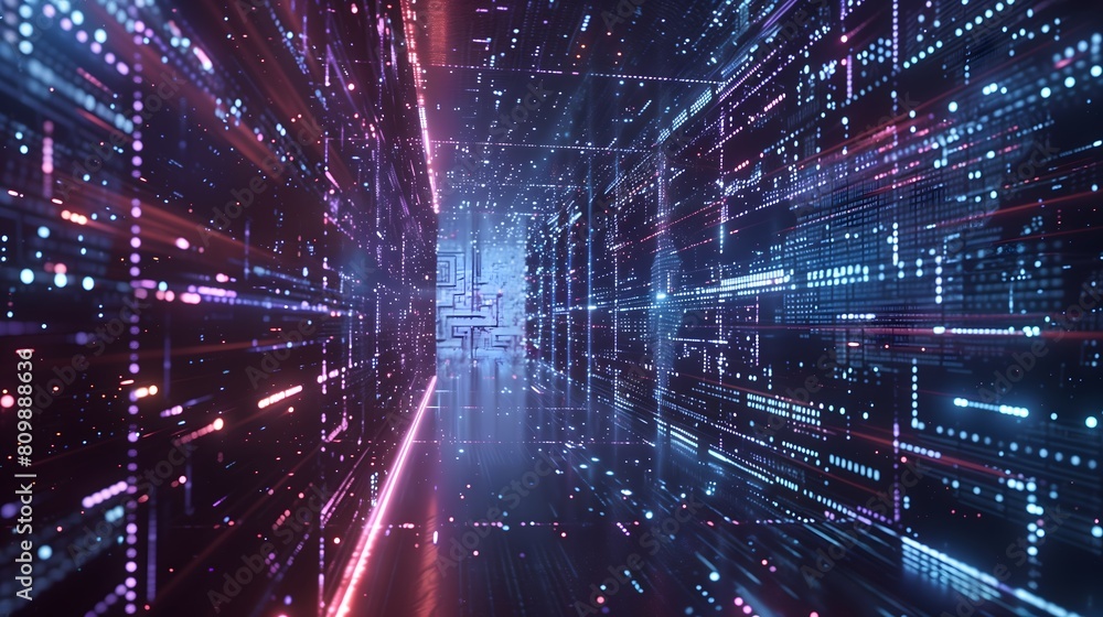 Poster a computer-generated image of a futuristic cityscape with neon lights and a red and blue color schem