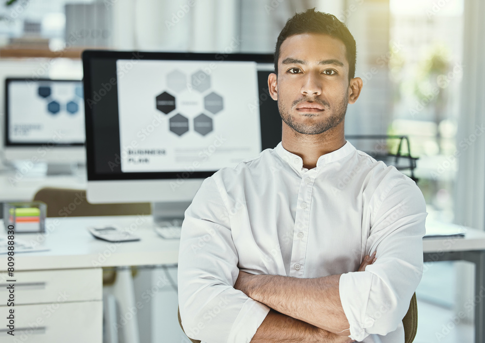 Poster businessman, portrait and arms crossed in office with computer screen for research, analysis and pro