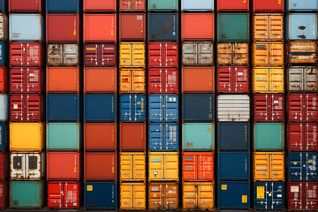 Obraz premium Colorful shipping containers stacked tightly, highlighting the busy logistics of international trade.