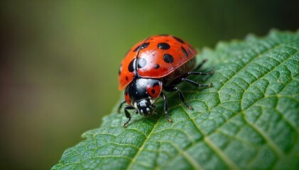 Fototapeta premium Ladybug on Leaf Close-Up, Hand Edited Generative AI