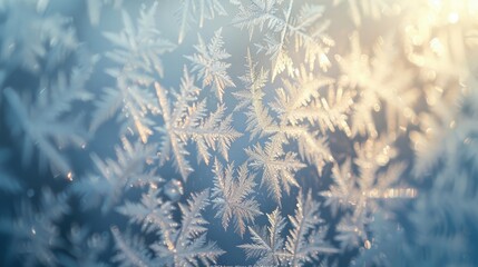 Close-up of frost crystals creating delicate, feathery patterns on glass, illuminated by soft light.
