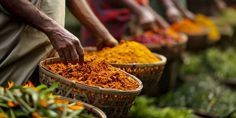 Banner of spice harvest. A line of people in vibrant traditional costumes harvest spices and herbs. A typical scene in African markets. Spices for Indian, Asian and Mexican food © Silga
