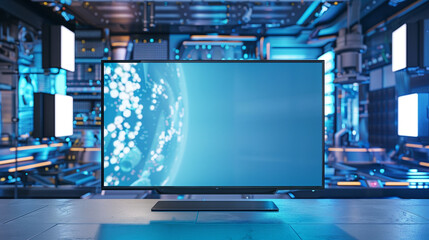 An empty TV screen in a professional studio setting with a futuristic virtual background.