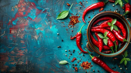 Fresh red hot chili peppers in bowl on wooden background for culinary spice ingredient