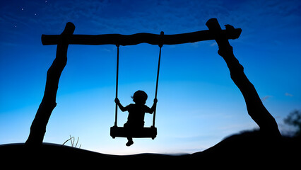 Playground Bliss: Silhouette of Child Soaring on a Swing. Childhood Joy. generative AI