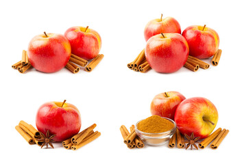 Apples with cinnamon isolated on white background. Fragrant red spiced apples with cinnamon sticks and star anise. Apple slices with spicy spices. Place for text. Harvesting. Fruits. Vegan.