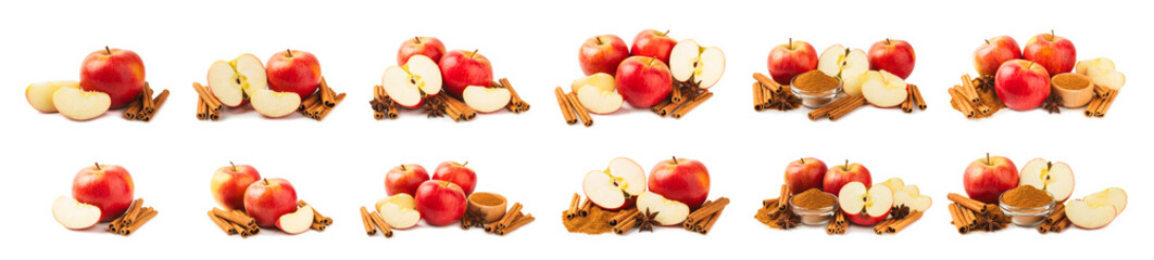 Apples with cinnamon isolated on white background. Fragrant red spiced apples with cinnamon sticks and star anise. Apple slices with spicy spices. Place for text. Harvesting. Fruits. Vegan.