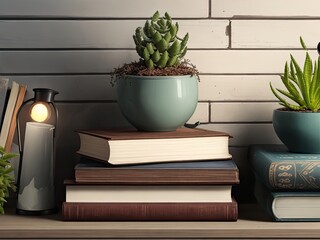 Succulent plant, books, and lamp on the shelf against imitation of an empty wall