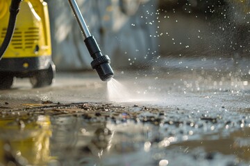 A close-up scene of a person using a Karcher pressure washer to clean a muddy driveway, water spraying, showcasing efficiency and effectiveness