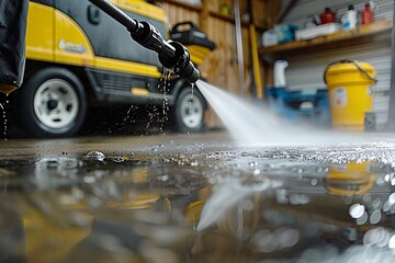 Fototapeta premium A close-up scene of a person using a Karcher pressure washer to clean a grimy garage floor, water spraying, showcasing efficiency and cleanliness