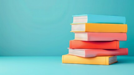 Colorful stack of books on blue background