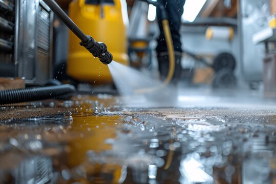 A close-up scene of a person using a Karcher pressure washer to clean a grimy garage floor, water spraying, showcasing efficiency and cleanliness