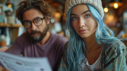 Young woman with blue hair and beanie sits in a cozy café with a man reading a menu