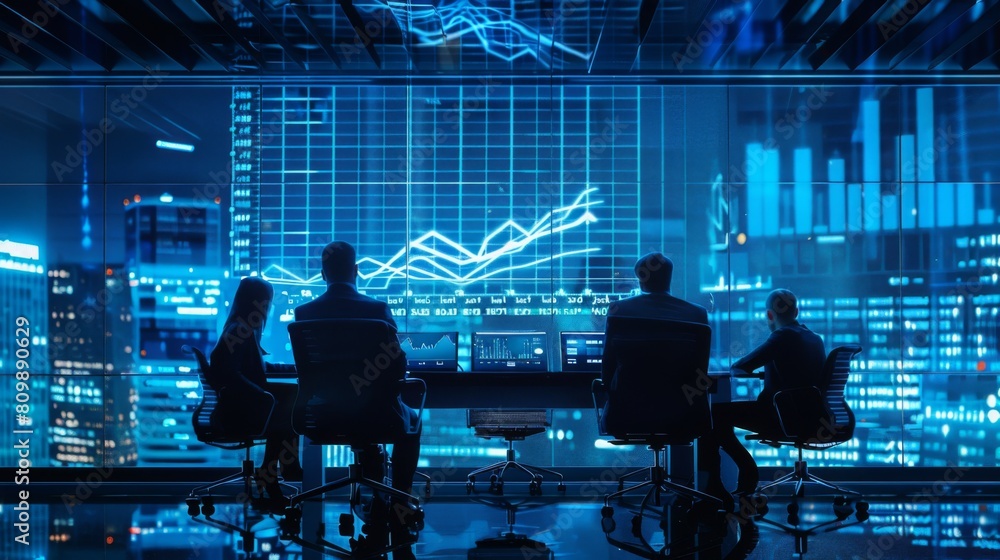 Aufkleber a boardroom meeting with executives discussing stock market performance, with graphs and charts proj