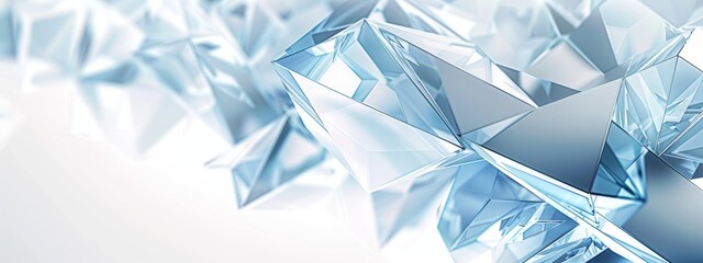 Abstract white background with triangular shapes, crystal clear glass and light blue colors, high resolution, hyper realistic in the style of various artists. - obrazy, fototapety, plakaty