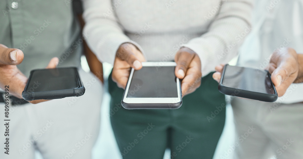Aufkleber Business people, hands and screen with phone for communication, social media or networking at office. Closeup of employees on mobile smartphone in data sync, share or connectivty on tech at workplace