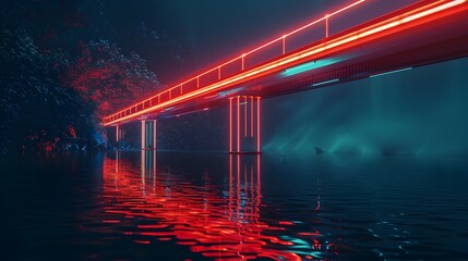 A floating bridge illuminated with neon lights, creating the illusion of it hovering above the...