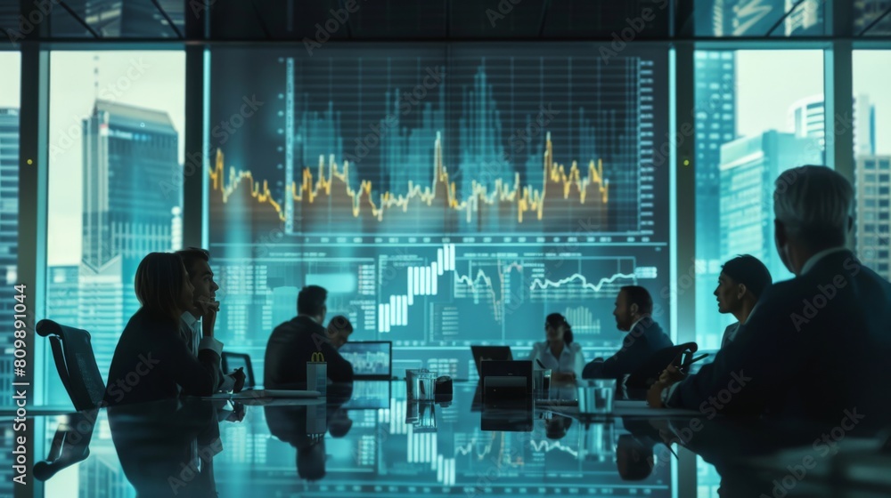 Aufkleber a boardroom meeting with executives discussing stock market performance, with graphs and charts proj