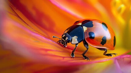 A beautiful ladybug sits on a flower. The ladybug is red with black spots and has a yellow head. The flower is orange and has a yellow center.