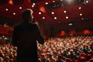 A businessman delivering a motivating speech to his employees in a packed auditorium