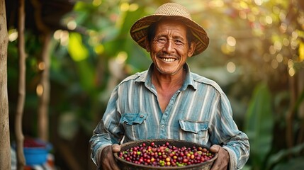 This farmer shows his freshly harvested coffee beans with a smile. copy space for text.