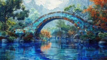 bridge over river Mosaic , nature and sunny day, Stained Glass Illusion 
