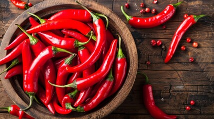 Fresh red hot chili peppers in bowl on rustic wooden background for spicy cooking