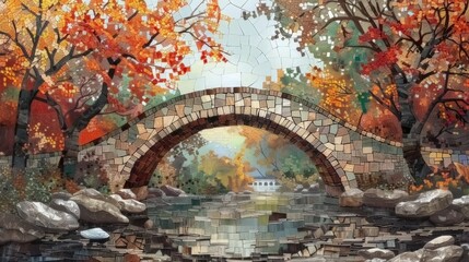 bridge over river Mosaic , nature and sunny day, Stained Glass Illusion 
