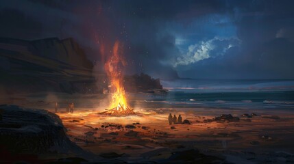 A bonfire blazing on the beach at night, casting a warm glow as friends gather around, sharing stories and laughter.