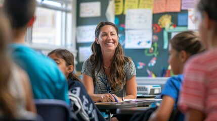 A woman is seated at a desk, surrounded by a group of children who are attentively listening and engaging. She appears focused and engaged in teaching or interacting with the children.