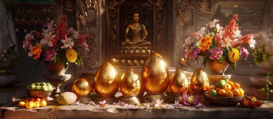 Golden Ceremonial Display of Eggs and Offerings in a Sacred Buddhist Temple Setting