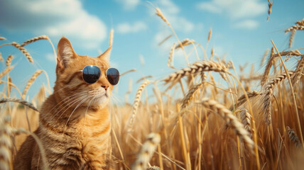A cat wearing sunglasses sits in a wheat field in summer