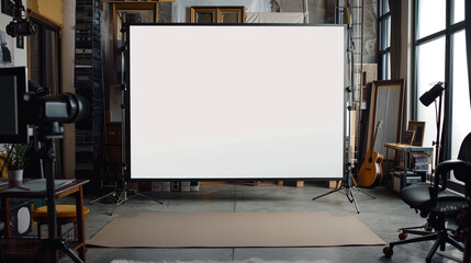 A blank white TV screen in a media production studio with a high-definition virtual studio backdrop.