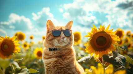 A cat wearing sunglasses sits in a sunflower field in summer