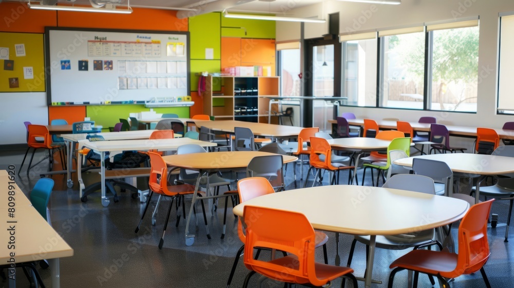 Poster a classroom is filled with numerous tables and chairs arranged in orderly rows, creating a functiona