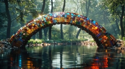 Mosaic. A bridge spans the river on a beautiful, sunny day, creating a Stained Glass Illusion amidst the surrounding nature.
