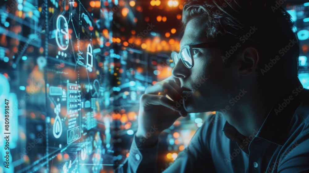 Aufkleber A businessman analyzing a holographic projection of a complex business graph, exploring different scenarios for strategic planning.