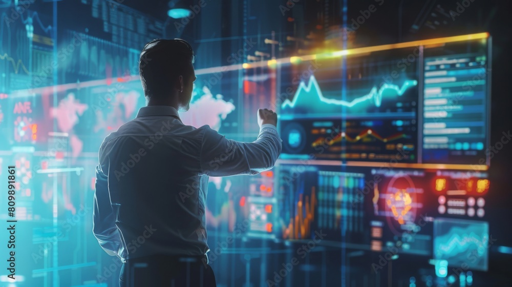 Aufkleber A businessman analyzing a holographic projection of a complex business graph, exploring different scenarios for strategic planning.