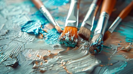 Fototapeta premium Closeup of assorted artist paintbrushes on textured canvas background for creative art projects