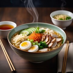 Tasty bowl of noodles with delicious toppings. Commercial food photography