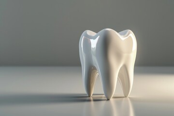 Symbol of oral hygiene. White tooth on grey background symbolizing importance of dental care and regular check-ups.