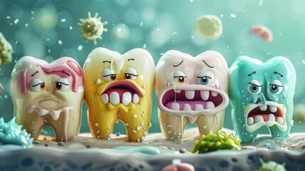 Cartoon teeth suffering from bacteria and food debris, symbolizing importance of brushing and flossing for healthy mouth.