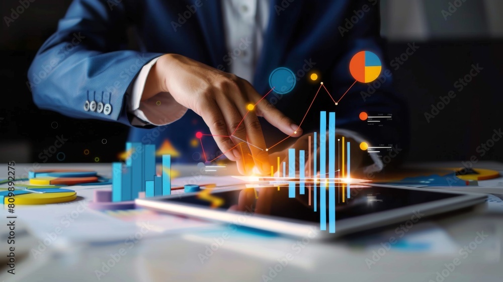 Poster a businessman analyzing financial charts and graphs on a tablet device, strategizing for business gr