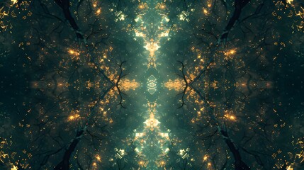 A fractal forest with symmetrical glowing leaves and branches forming a pattern, captured in 8K