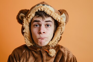 Young man wearing a monkey costume with peach background
