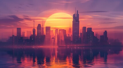 A futuristic, abstract city skyline silhouetted against an orange and purple sunset in 8K
