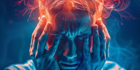 Man suffering from migraine, highlighting brain areas often associated with pain and sensory overload, useful for educational purposes about neurological disorders.