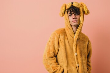 Young man wearing a dog costume with peach background