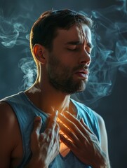 Respiratory illness. Man gripping his chest in pain with visible glow from lungs, symbolizing respiratory distress, lung pain. Bronchitis or pneumonia.
